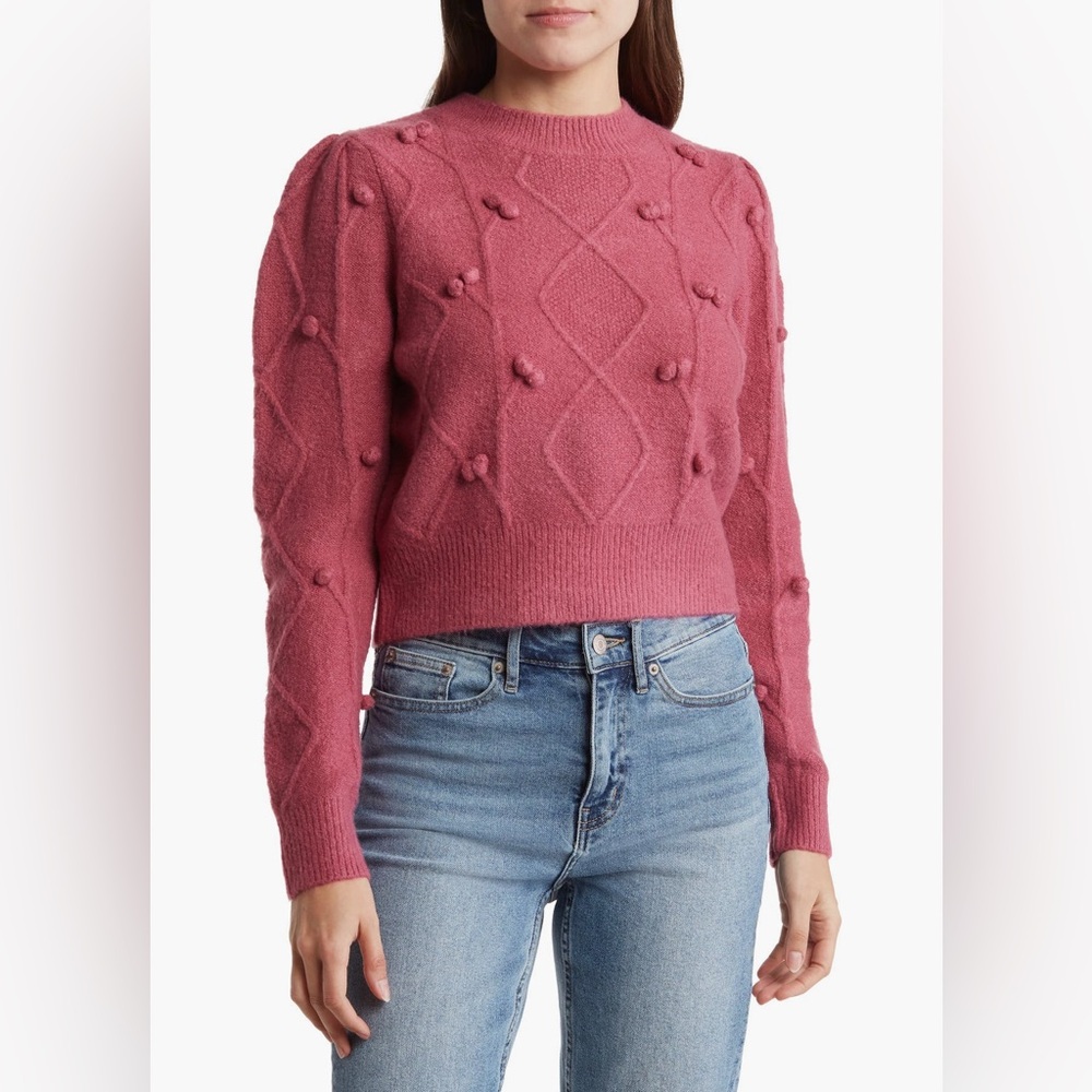 NWOT Elodie Purple Textured Knit Sweater Size XS Puff Sleeve Diamond Pattern